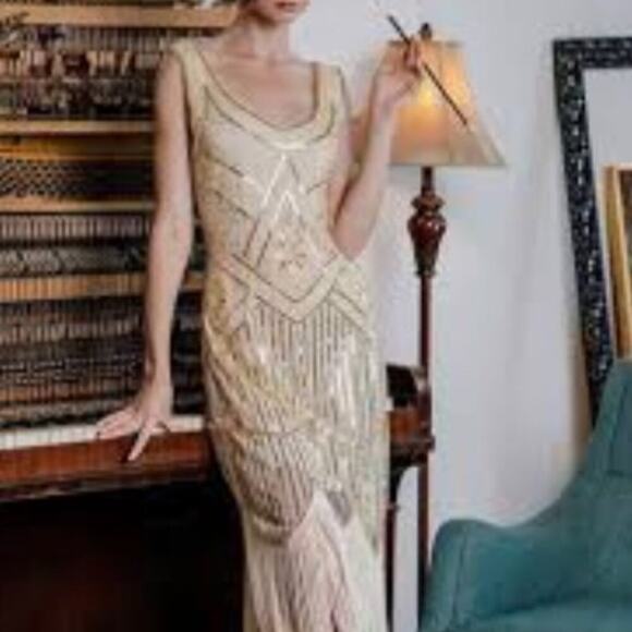 Unique Vintage 1920s Flapper Fringe Beaded Sequins Fringe Ivory dress Sz M #25 - Picture 4 of 6